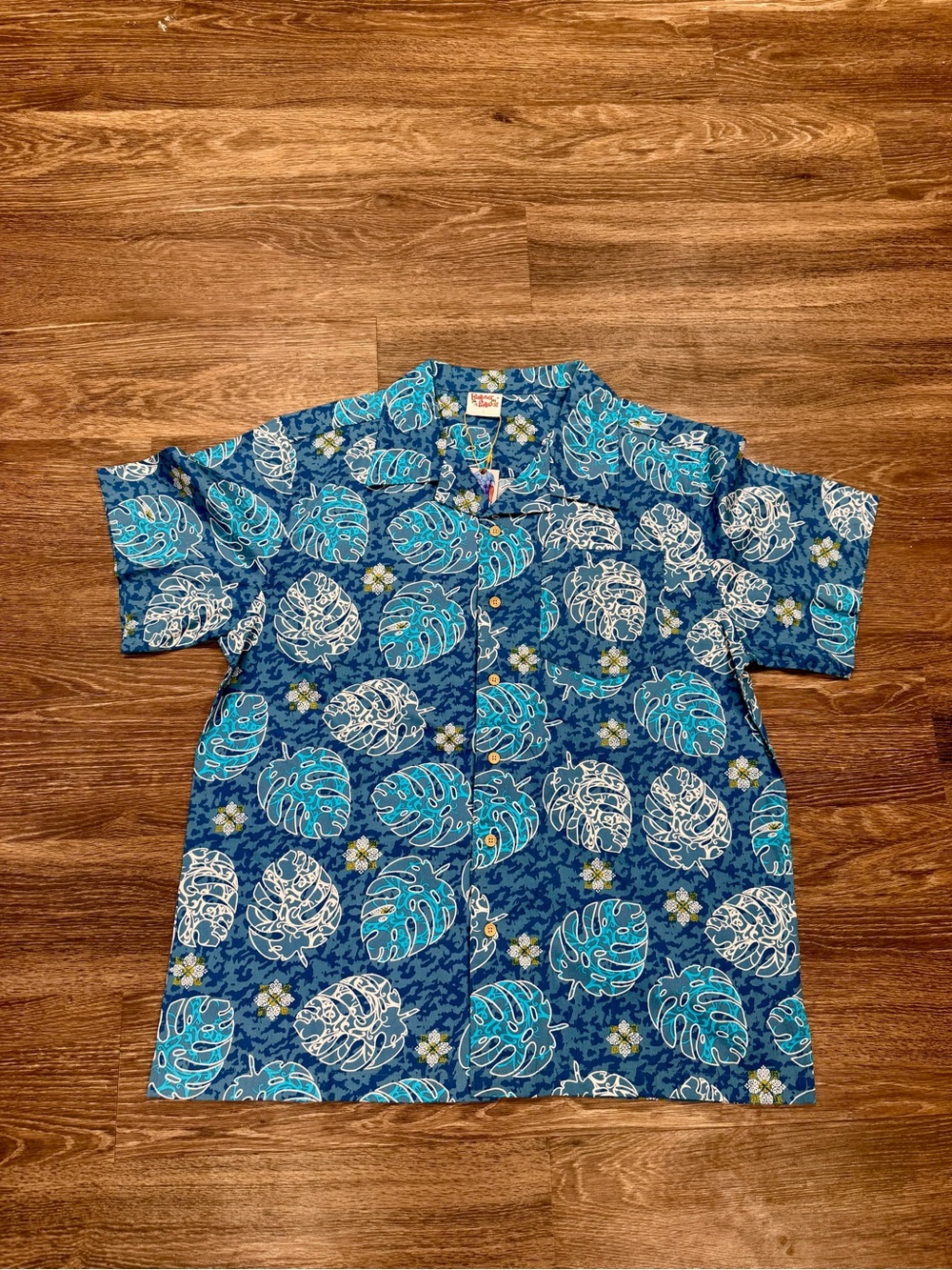 NWT Barefoot in Paradise Hawaiian Shirt Large Blue Tropical Leaf 100% Cotton